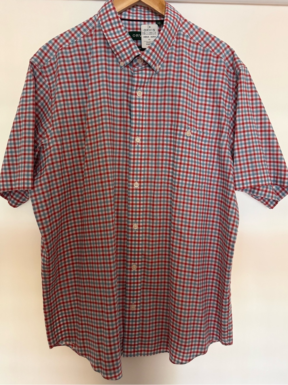 Orvis short sleeve blue and red plaid button up no-work work shirt, size XL